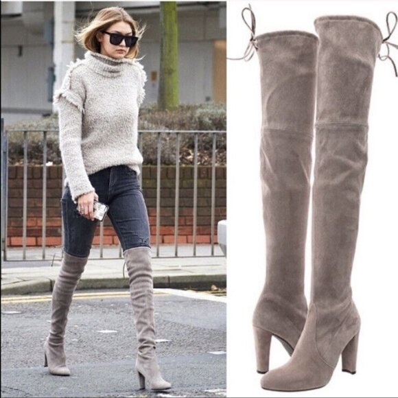 Stuart Weitzman Gray Suede Leather Highland Over The Knee Boots Size 8.5 - Picture 2 of 9